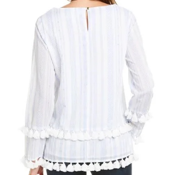 SAIL to SABLE white with blue stripes cotton blouse with pom poms  size Large - Picture 2 of 11